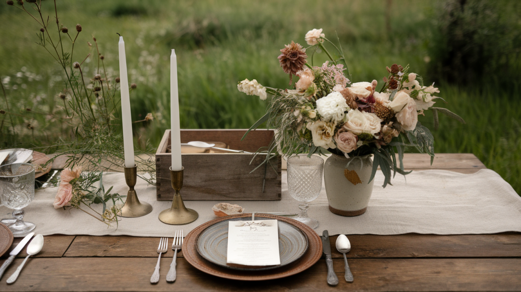 rustic wedding table setting. There's a beige runner on the wooden table. There are two white candles in brass holders. There's a bouquet of flowers in a ceramic vase. There's a rustic plate, a silver fork, and a silver spoon. There's a wooden box. There are wildflowers. The background is a lush green field.