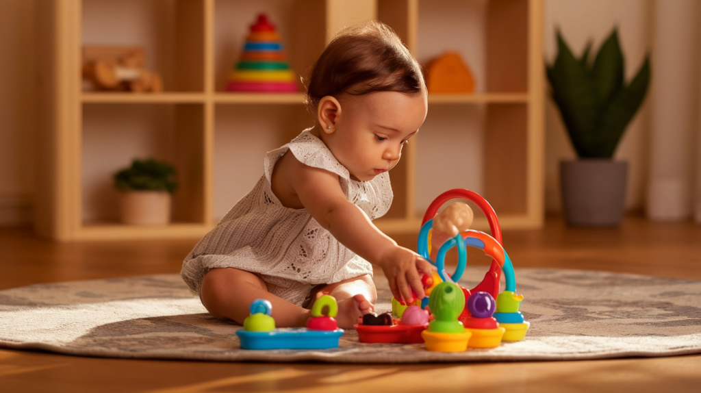 A photo of an infant girl sitting on a wooden floor in a room with warm lighting. She is reaching out to a variety of colorful toys placed in front of her. The floor is covered with a soft, patterned rug. The background contains a wooden shelf with more toys and a potted plant.