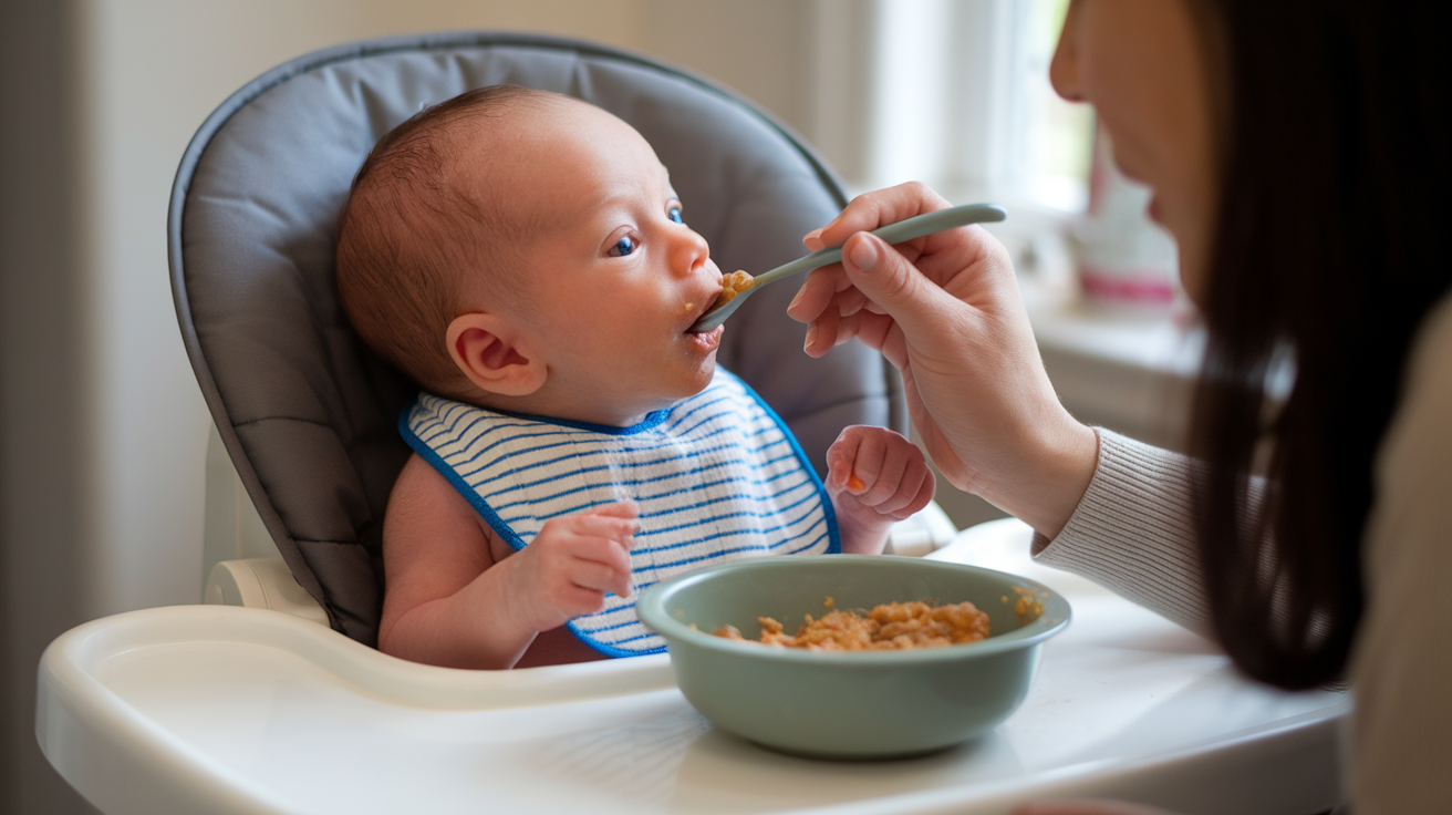 A photo of a newborn baby being fed by a mother. The baby is sitting in a high chair and is wearing a bib. The mother is feeding the baby with a spoon. There is a bowl of food on the high chair. The background is a kitchen with a window.