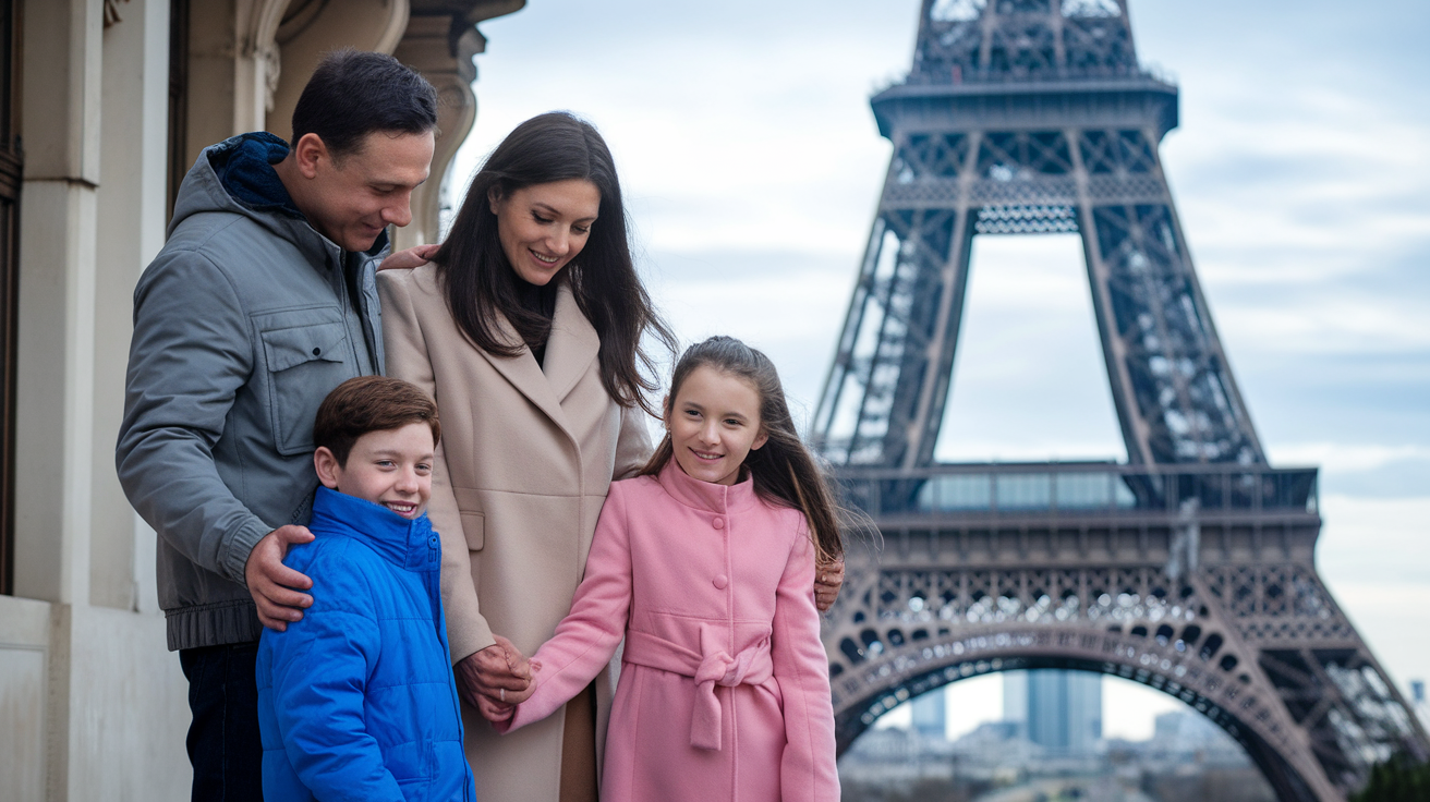 family-friendly destination in Europe. A family of four is standing in front of the Eiffel Tower in Paris, France