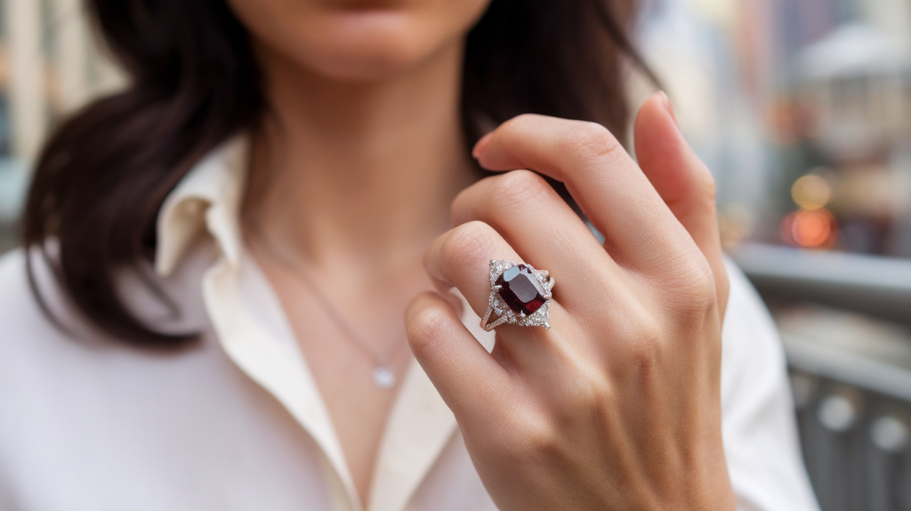 A closeup photo of a vintage-inspired engagement ring on a woman's hand. The ring has a large, dark red gemstone and smaller diamonds surrounding it