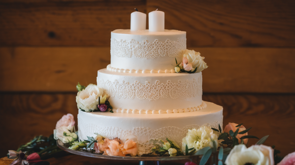 A photo of a three-tiered wedding cake with white icing and intricate lace patterns. The cake is placed on a stand and is surrounded by fresh flowers. There are two white candles on top of the cake