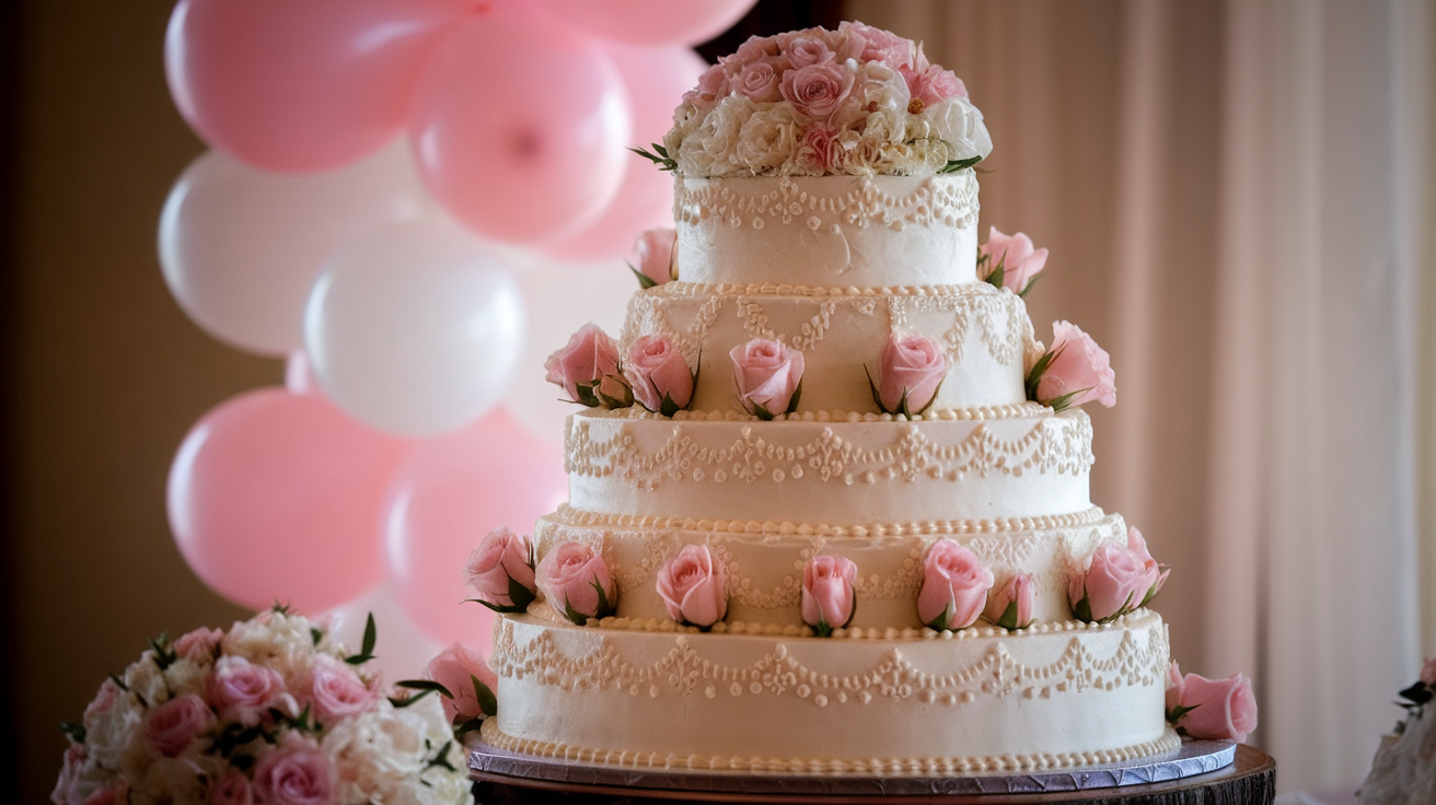 A photo of a wedding cake with multiple tiers. The cake is decorated with intricate white icing and pink roses. The cake stands on a wooden board. There are pink and white balloons in the background