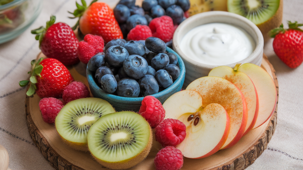 A photo of a variety of healthy fruit snacks for kids. There are strawberries, blueberries, raspberries, and kiwi slices. There are also apple slices with a sprinkle of cinnamon. The fruit is arranged on a wooden board, and there's a small bowl of yogurt dip beside it