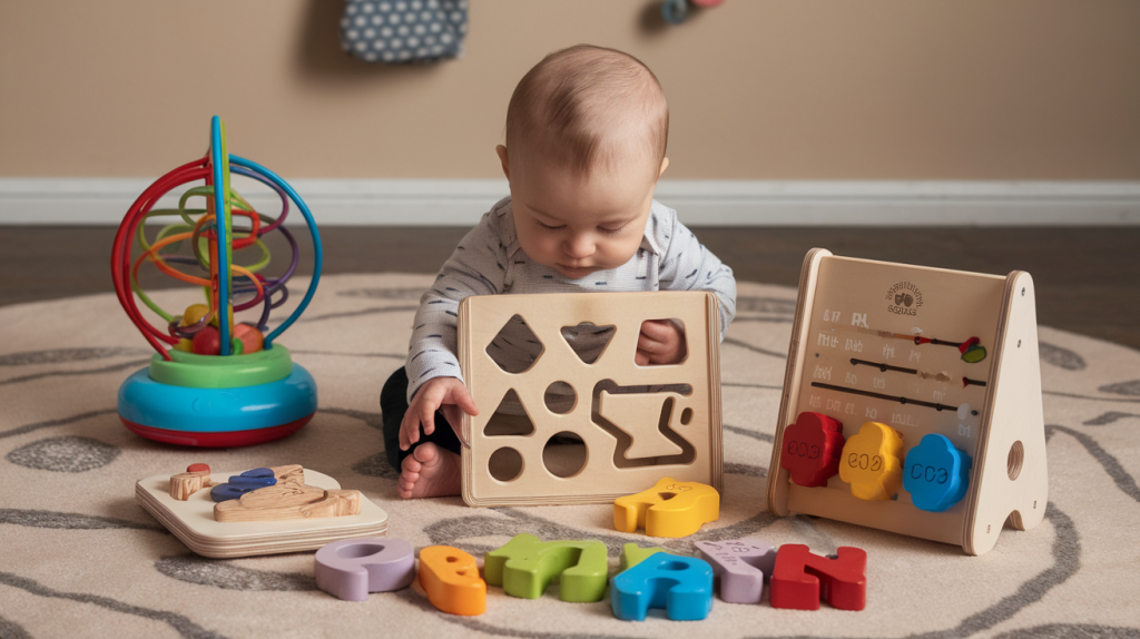 A photo of a baby playing with various sensory toys. There is a toy with colorful balls inside, a wooden shape sorter with holes of different sizes, a set of large wooden letters, and a musical instrument that makes sounds when shaken