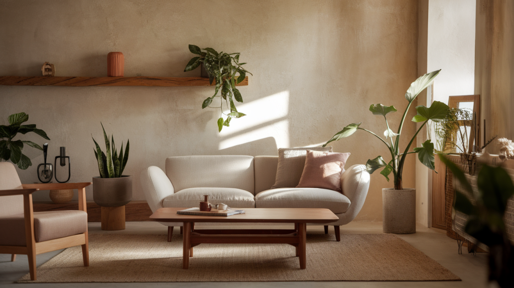 A modern rustic living room with a soft natural light. There's a beige sofa with a few pillows. A wooden coffee table sits in front of the sofa. A few potted plants are placed around the room. A wooden shelf holds a few decorative items. The walls have a rustic texture.