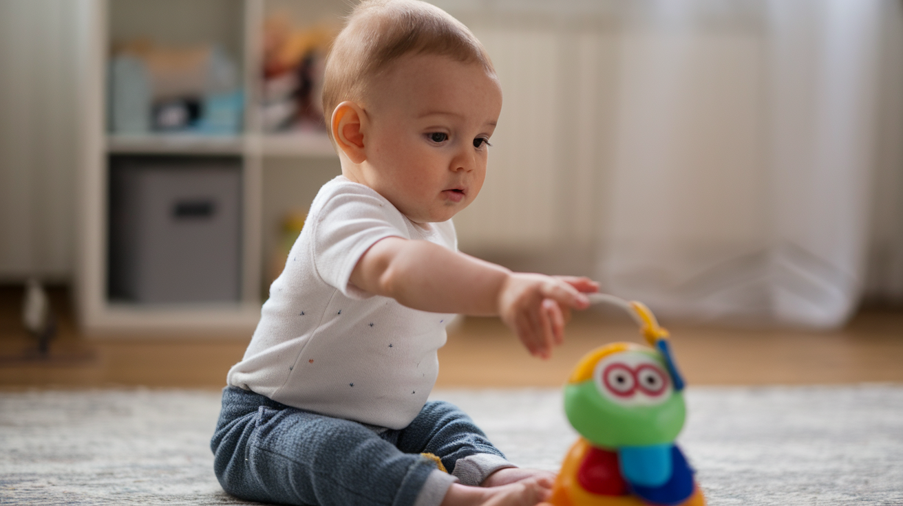 A photo of a baby sitting on a rug, reaching out to a toy. The background is a room with a window, a shelf, and a few items.