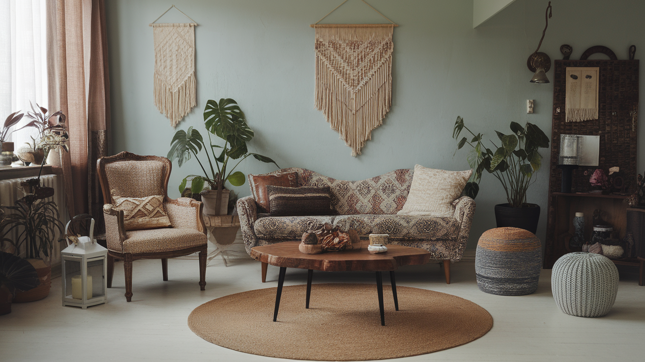 A photo of a bohemian living room with a mix of vintage and modern furniture. There's a patterned sofa, a vintage chair with a patterned cushion, a wooden coffee table, and a round rug. There are also plants, a lantern, and a few decorative items scattered around the room. The walls are painted in a soft blue hue and have a few hangings.