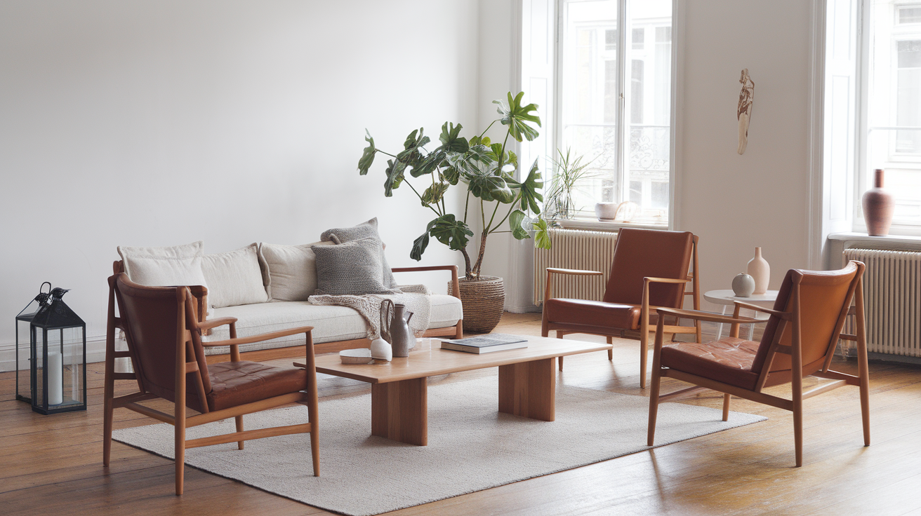 A photo of a Scandinavian living room with a sofa, a few chairs, and a coffee table. There is a potted plant near the window. The room has wooden floors and white walls. The furniture has clean lines and is made of natural materials like wood and leather. A soft rug is placed under the coffee table