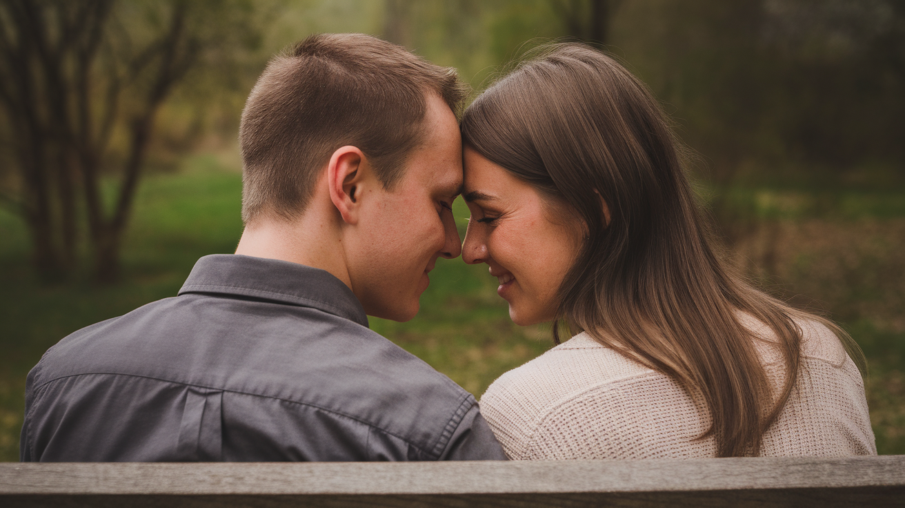 A side profile photo of a closeup shot of a couple in courtship. The man has short brown hair and is wearing a gray shirt. The woman has long brown hair and is wearing a beige sweater. They are sitting on a wooden bench. The background is a lush green forest.