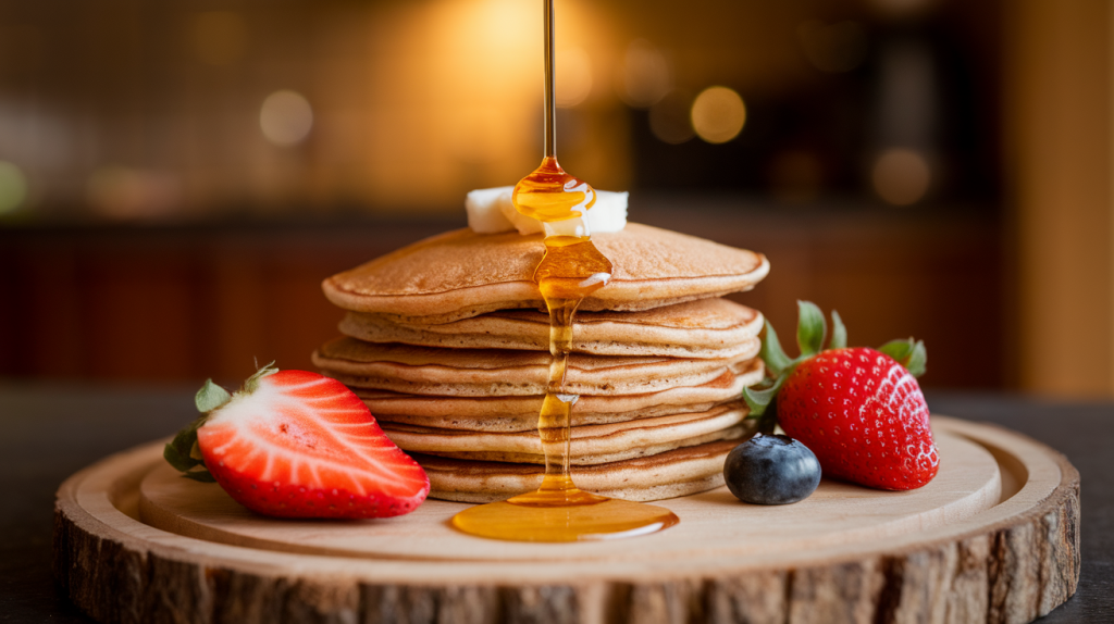 A photo of a healthy breakfast for kids, set on a wooden board. There's a stack of whole wheat pancakes with a drizzle of honey. There are also sliced strawberries and a few blueberries. A few drops of maple syrup are pictured. The background is blurred, showing a kitchen with warm lighting.