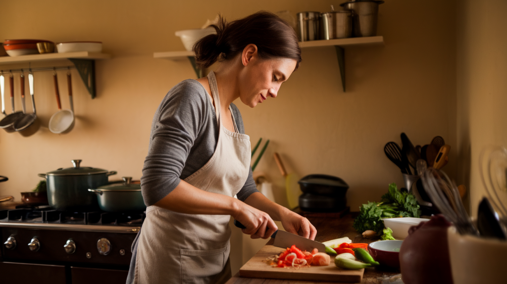 A photo of a woman preparing a meal in a kitchen with warm lighting. She is wearing an apron and has her hair tied up. She is chopping vegetables on a wooden board. There is a stove behind her with pots and pans. The walls are painted beige and have shelves with cooking utensils.