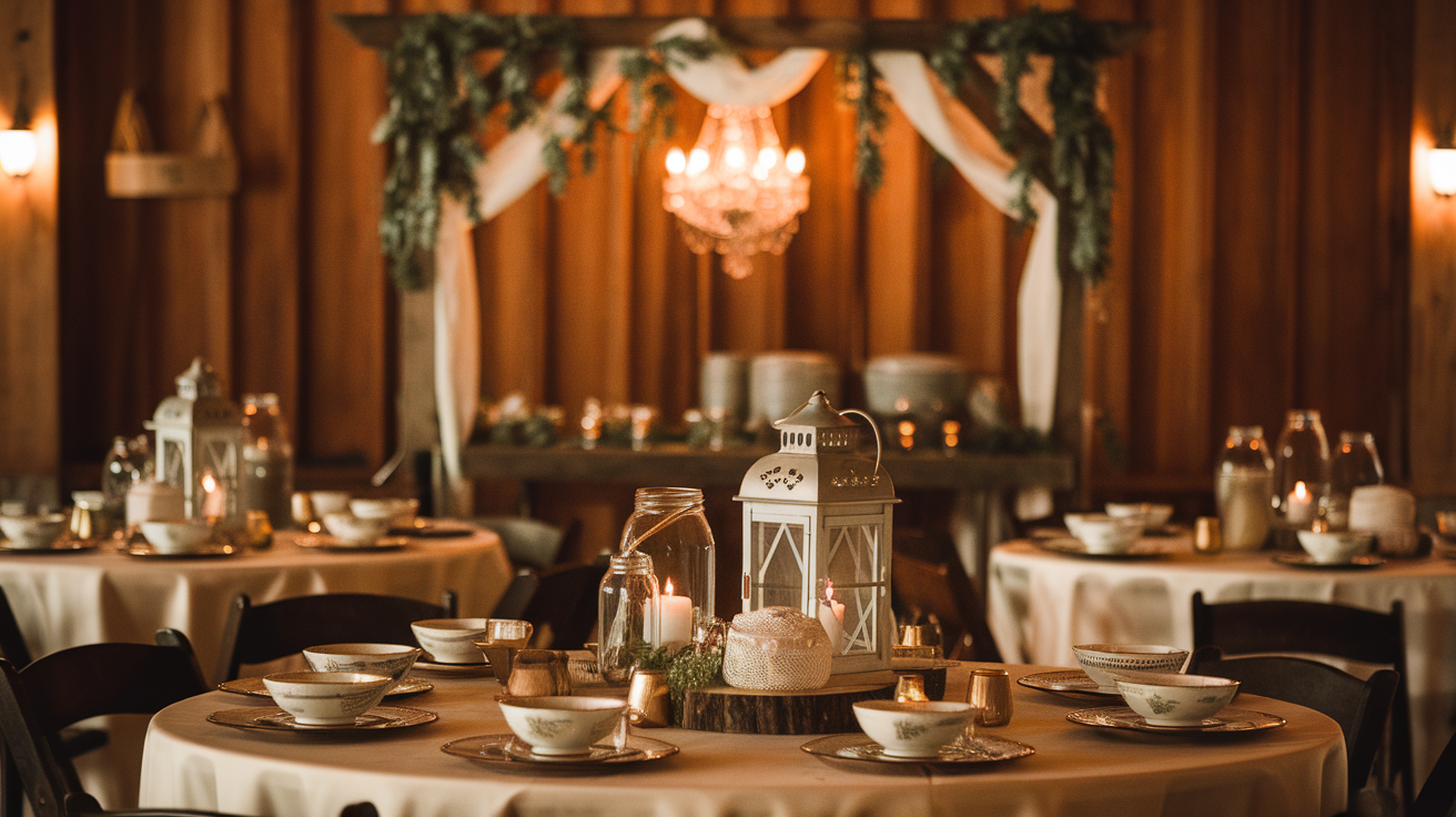 A photo of a vintage wedding reception with warm lighting. There are tables with white tablecloths and vintage china. There are also vintage decor items like lanterns and mason jars. In the background, there's a wooden arch with greenery and a chandelier.