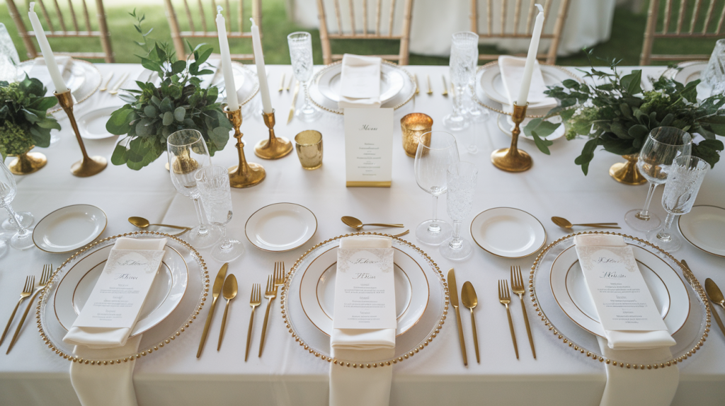 A wedding table with white linen tablecloths, gold chargers, and crystal glassware. There are white plates with gold accents. There are gold utensils, including forks, knives, and spoons. There are gold napkin rings. There are white napkins. There are greenery arrangements in gold vases. There are gold candlesticks with white candles. There is a gold menu card holder. The table is set for a dinner with multiple courses. The lighting is soft and natural.