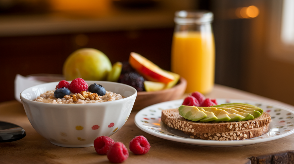 A photo of a healthy breakfast being prepared for kids. There's a bowl of oatmeal with fresh berries and a sprinkle of nuts, a plate of whole-grain toast with avocado and a side of fruit. The food is placed on a wooden surface. The background is a kitchen with warm lighting.