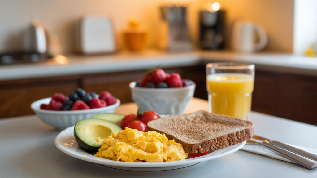 A photo of a healthy breakfast for kids in a cozy kitchen with warm lighting. There's a plate with scrambled eggs, avocado slices, cherry tomatoes, and a slice of whole grain toast. There's also a glass of orange juice and a bowl of mixed berries. The kitchen counter is clean and organized.