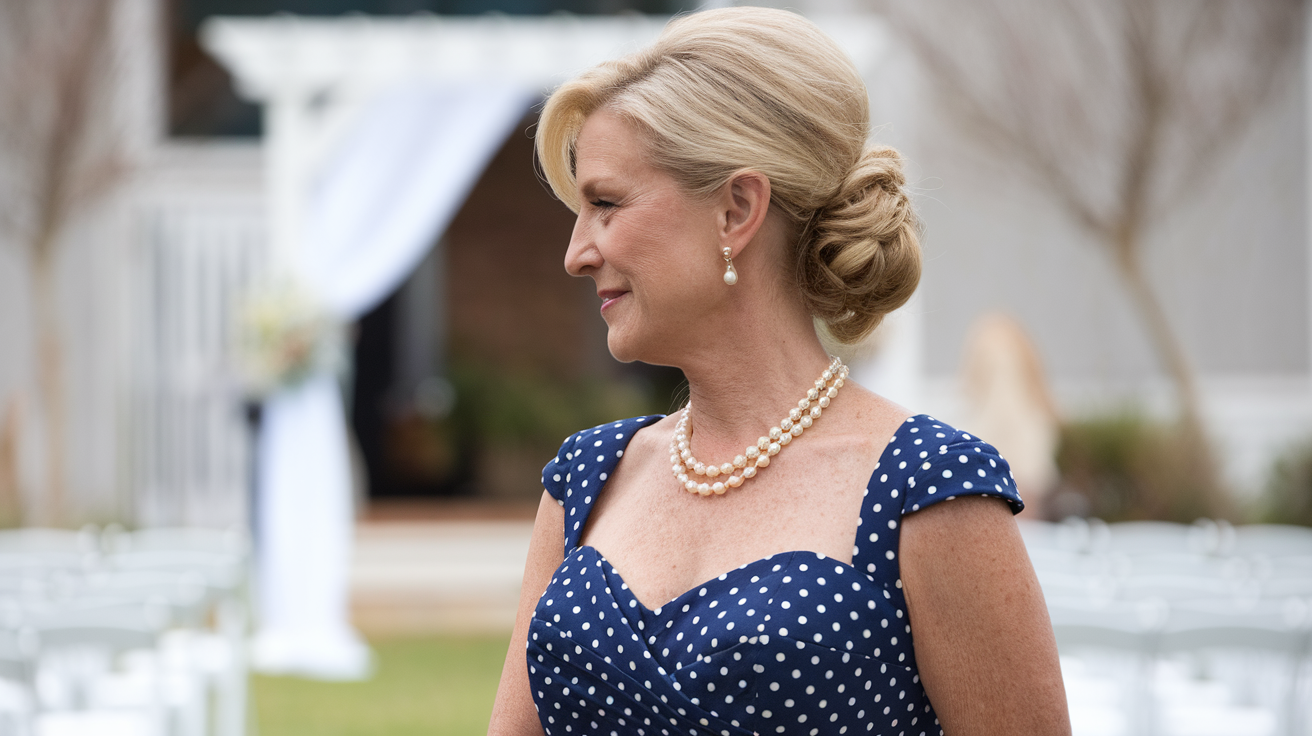 A side profile photo of the Mother of the Bride in her outfit. She is wearing a navy blue dress with white polka dots. The dress has a sweetheart neckline and cap sleeves. She is wearing a pearl necklace and earrings. Her hair is styled in a classic updo. The background is blurred, showing a venue with white chairs and a white arch.