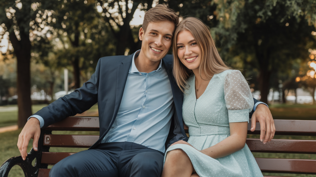 A photo of a young couple sitting on a park bench. The man is wearing a light blue shirt and a dark blue suit, while the woman is wearing a light blue dress with white polka dots. They are both smiling. The background contains trees. The lighting is warm.