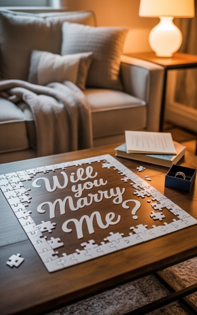 A cozy living room scene featuring a custom jigsaw puzzle spread across a wooden coffee table