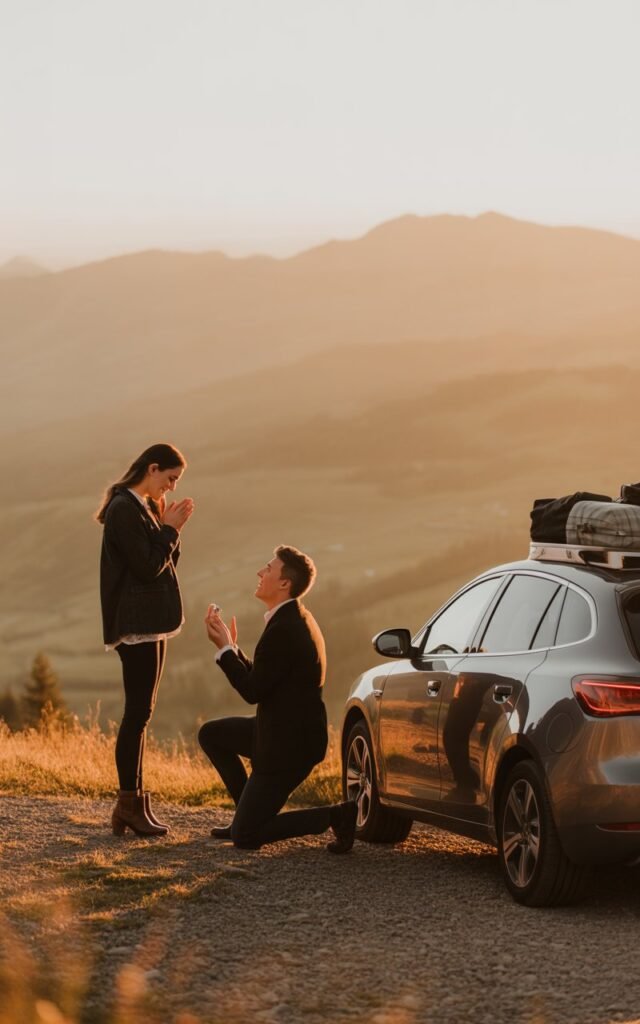 A romantic proposal scene at a scenic mountain overlook