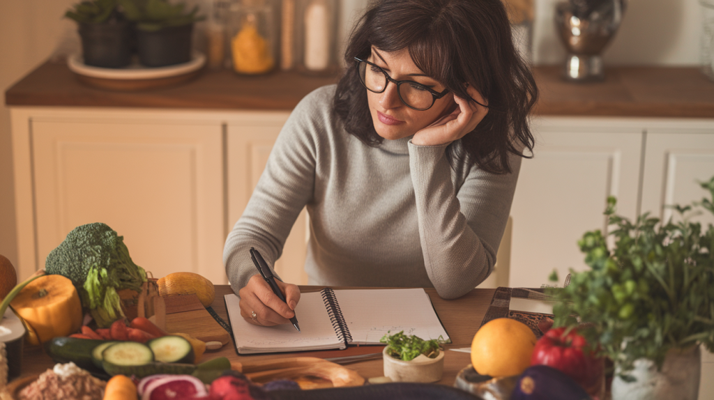 A photo of a woman with dark hair and glasses planning her meal. She is sitting at a wooden table and has a notebook and pen beside her. There are various ingredients, such as vegetables, fruits, and herbs, spread across the table. The background contains a white cabinet and a plant. The lighting is warm.