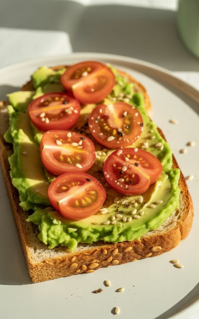 Bright green mashed avocado on toasted whole wheat bread with cherry tomato slices and everything bagel seasoning for a delicious and healthy family breakfast