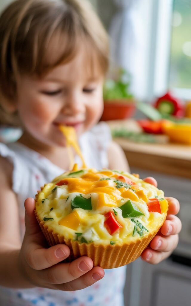 Child holding a savory egg muffin with visible colorful bell peppers and cheese for a delicious and healthy portable family breakfast