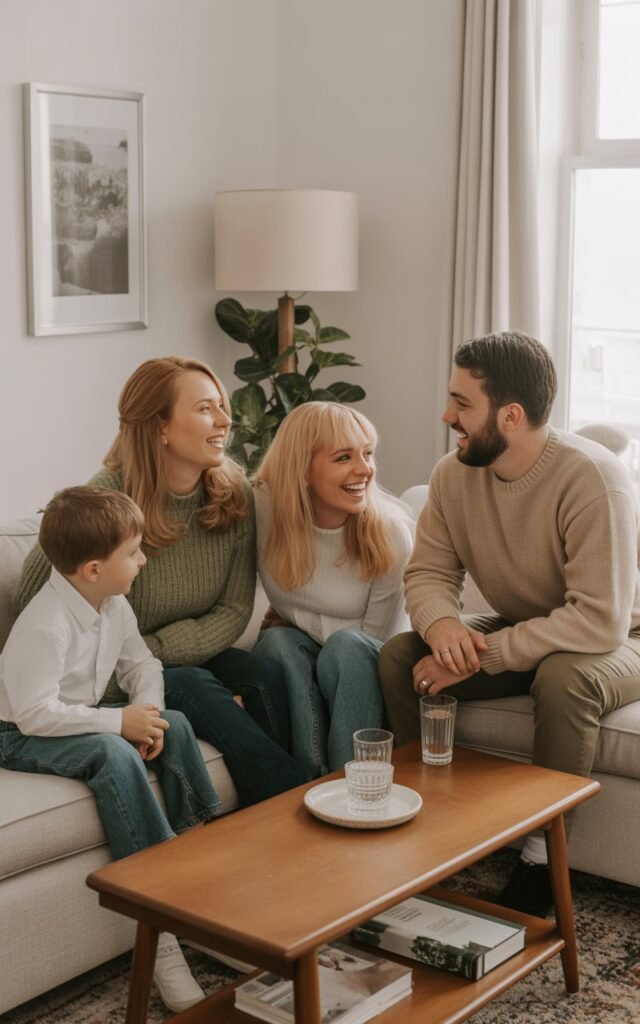 Christian couple meeting, talking, laughing with both's families