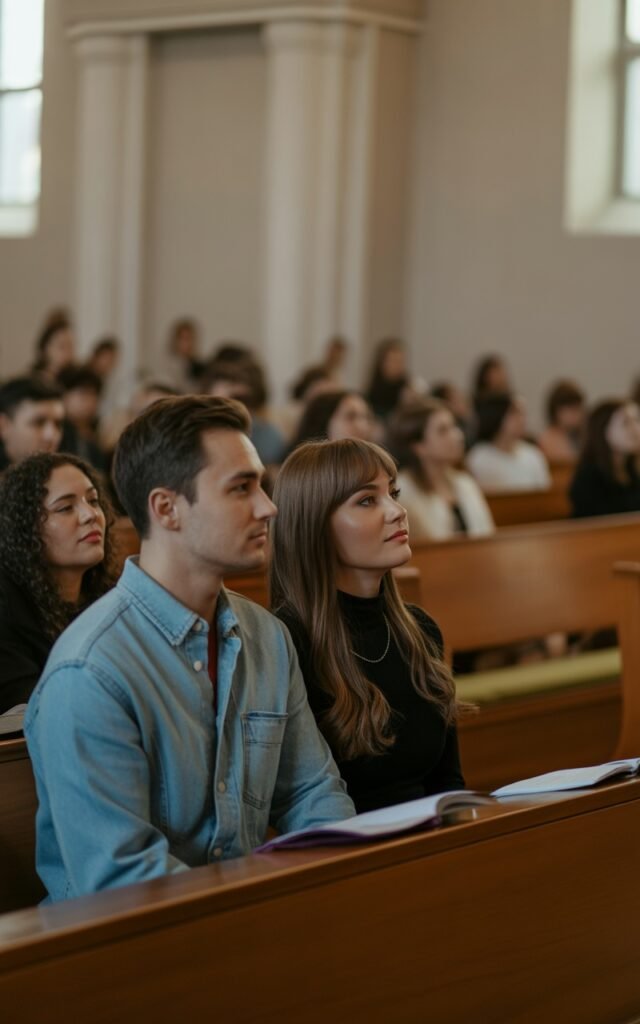 Christian couple sat down worshipping with all people at church