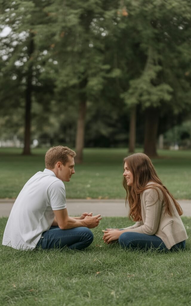 Christian man and woman that are dating are now talking each other sat down in a park with distance in front of each other