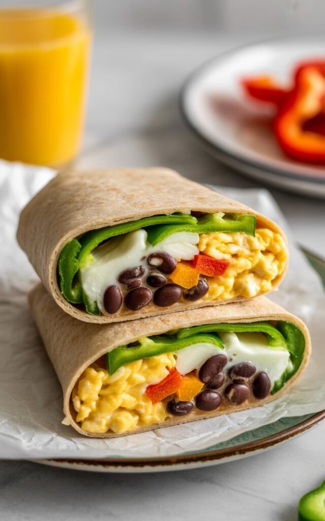 Closeup of whole wheat breakfast wrap cut in half showing scrambled eggs, black beans, melted cheese, and colorful bell peppers for a delicious and healthy breakfast for kids and parents