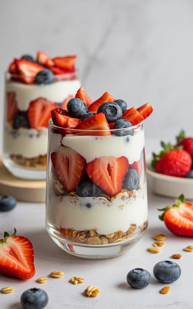 Colorful Greek yogurt parfaits in clear glasses with visible layers of creamy yogurt, fresh strawberries, blueberries, and crunchy granola for a delicious and healthy family breakfast