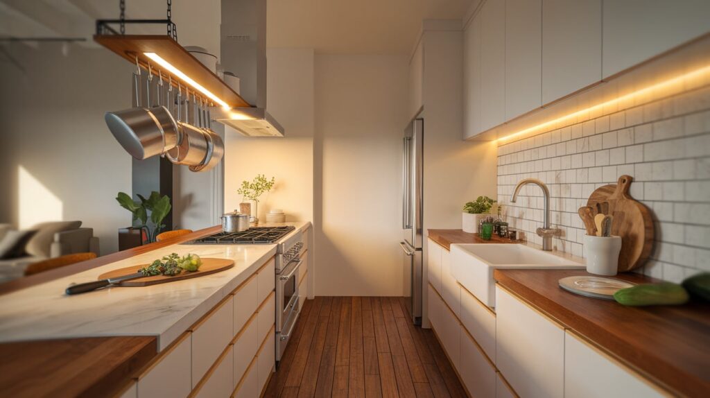 A photo of a minimalist full kitchen decor with warm lighting. The kitchen has a wooden floor, white cabinets, and a marble countertop. There's a stove, a refrigerator, and a sink. A hanging pot rack illuminates the space. A wooden cutting board, a knife, and a few vegetables sit on the counter. The background is blurred, revealing a living room with a couch and a plant.