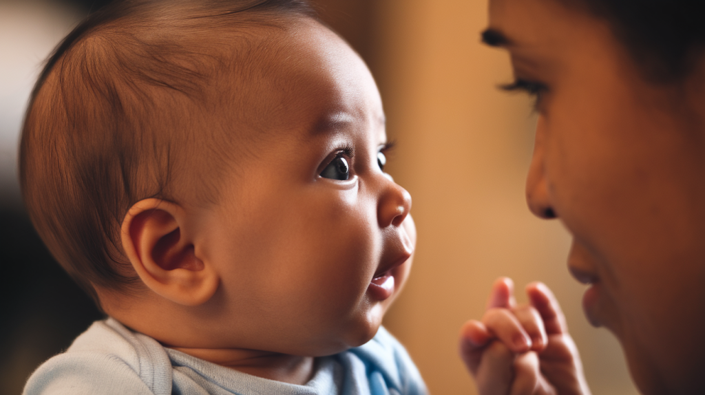 A side profile photo of a baby with a closeup on its face. The baby is making a cognitive development milestone. The lighting is warm.