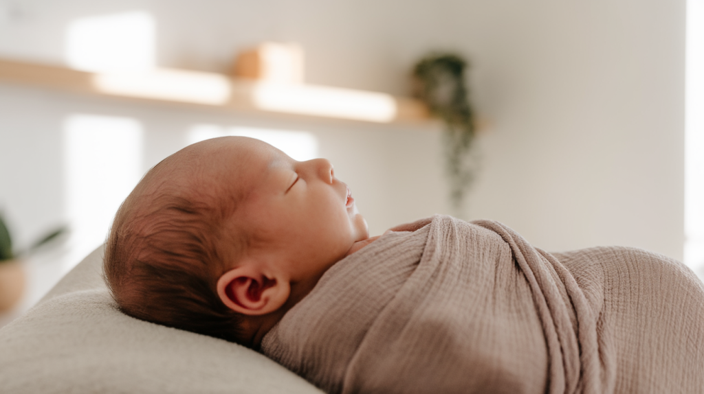 A side profile photo of a newborn baby with their eyes closed. The baby is swaddled and lying on a soft surface. The room is well-lit, with soft, warm lighting. The background is clean and minimalistic, with a wooden shelf and a plant.