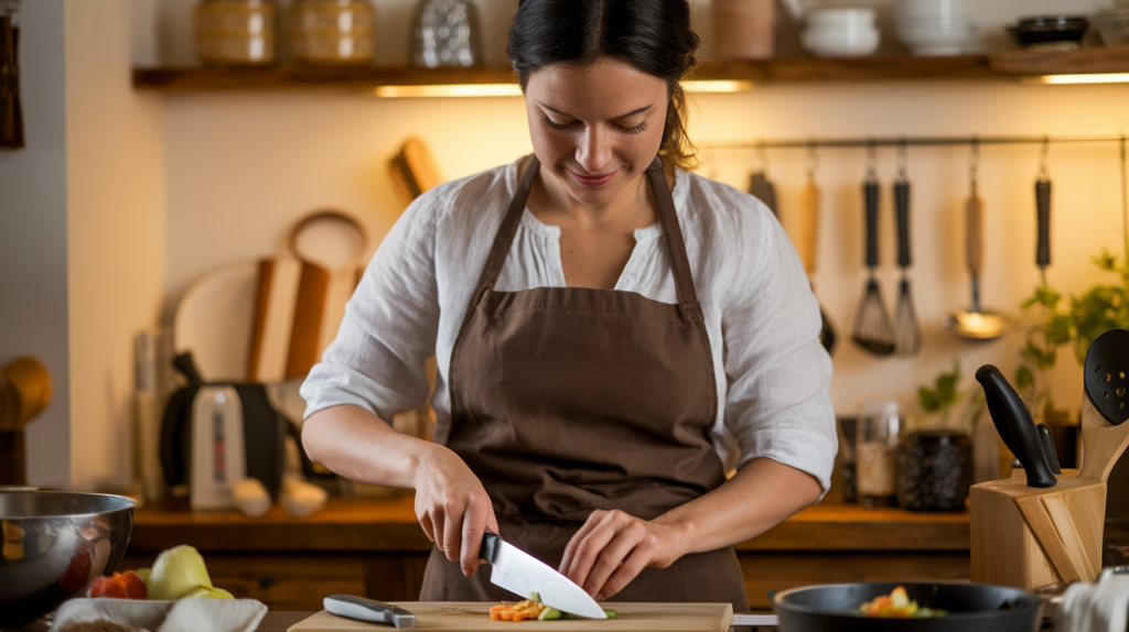 A photo of a woman in a kitchen, preparing a meal. She is standing behind a wooden counter and is wearing a white shirt and a brown apron. She is holding a knife and is cutting a vegetable. There are various ingredients and cooking utensils on the counter. The background has warm lighting.