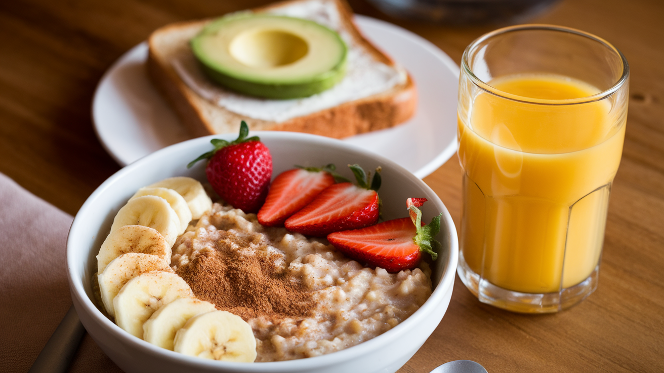 A photo of a healthy breakfast for kids with warm lighting. There's a bowl of oatmeal with fruit toppings, a glass of orange juice, and a piece of toast. The oatmeal is topped with sliced bananas, strawberries, and a sprinkle of cinnamon. The toast is buttered and has a slice of avocado. The orange juice is in a glass. The background is a wooden table.