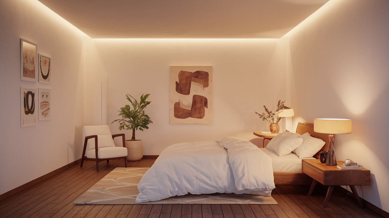 A minimalist bedroom design with warm lighting. The room has a wooden floor and white walls. There is a bed with a white duvet and a few pillows. There is a wooden nightstand next to the bed, holding a lamp and a plant. There is a white chair in the corner. The room has a few pieces of artwork on the wall. The lighting comes from a lamp on the nightstand and a fixture on the ceiling.