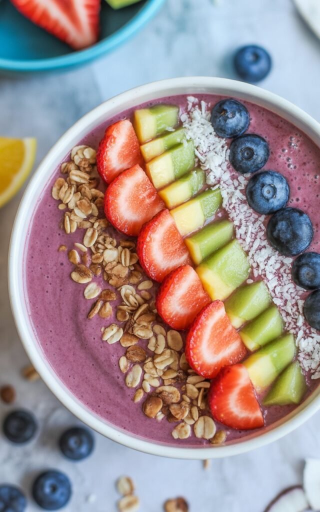 Overhead closeup of a vibrant smoothie bowl with thick purple base topped with colorful fresh fruit slices, granola, and coconut flakes creating a rainbow pattern for a delicious and healthy breakfast for kids and parents