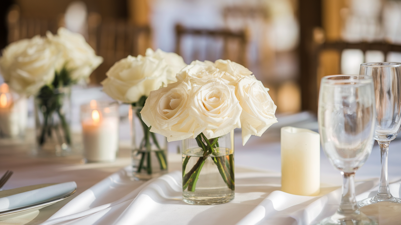 A photo of a wedding table with a soft natural light. There are white roses in a vase in the center of the table. There are also candles on the table. The tablecloth is white and has a few folds. The background is blurred and consists of chairs and a wooden structure.