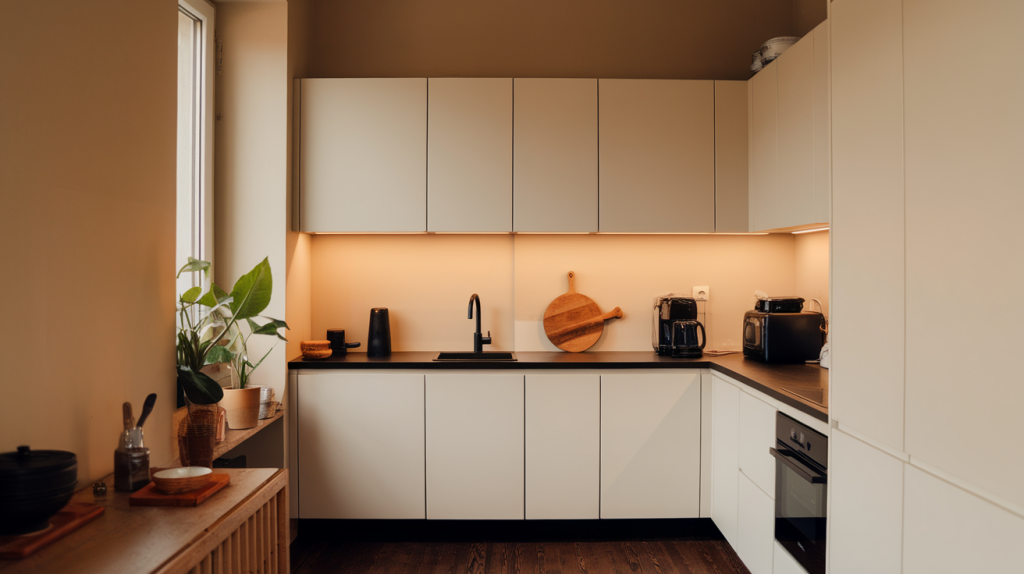 A photo of a minimalist kitchen with warm lighting. The kitchen has a white cabinets, a black counter, and a few black appliances. There is a wooden cutting board and a knife on the counter. There is a green plant near the window. The floor is made of dark wood. The walls are painted beige.