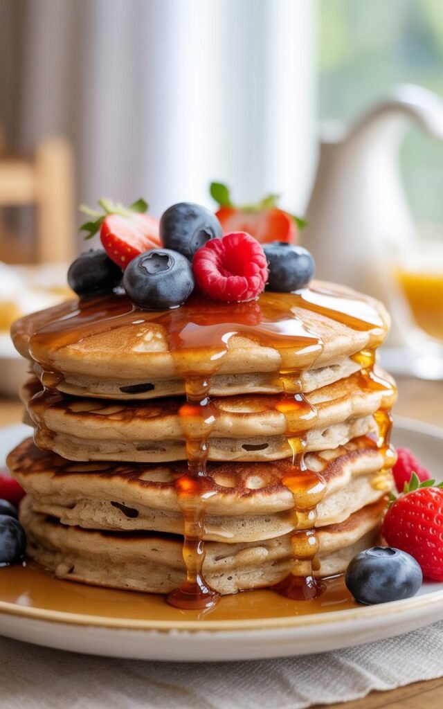 Stack of fluffy whole grain pancakes topped with fresh berries and maple syrup for a delicious and healthy breakfast for kids and parents