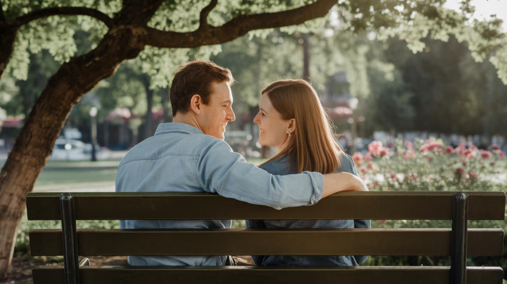 A photo of a couple sitting on a bench in a park. The man has his arm around the woman, who is looking at him with a smile. They are sitting under a tree, and there are flowers in the background. The lighting is warm.