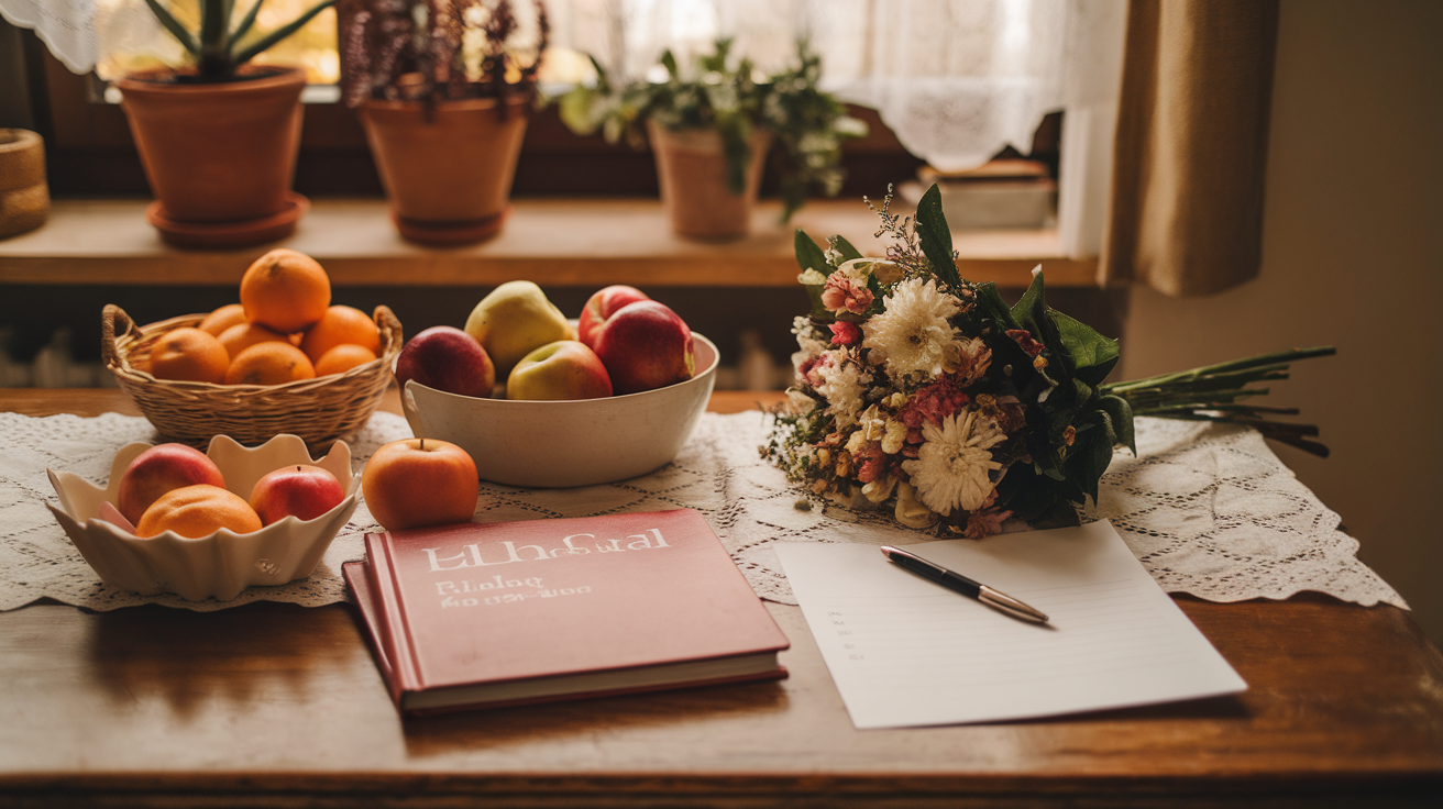 A photo of a family meal planning on a budget. There's a wooden table with a white cloth and a bouquet of flowers. On the table, there's a cookbook, a pen, and a piece of paper. There are also a basket of oranges, a bowl of apples, and a loaf of bread. The background has a few potted plants and a window with a curtain. The lighting is warm.