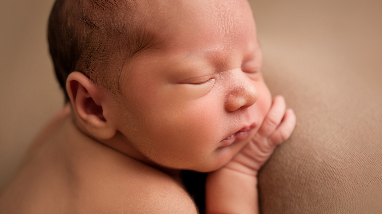 A closeup, side profile photo of a newborn baby with their eyes closed. The baby's skin is soft and smooth, and their tiny fingers are folded gently against their cheek. The background is a soft, warm hue.