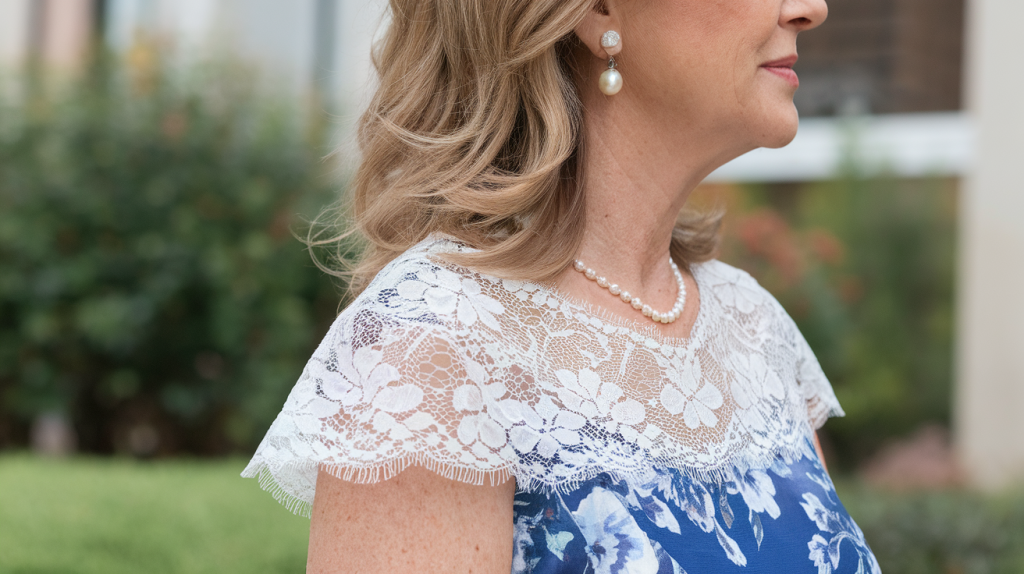 A side profile photo, closeup shot of a mother of the bride wearing a blue floral dress with white lace overlay. She has medium-length, wavy, light brown hair and wears pearl earrings and a necklace. The background is blurred and contains greenery and a building.