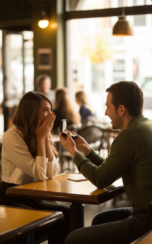 a couple at a cozy coffee shop table where they first met