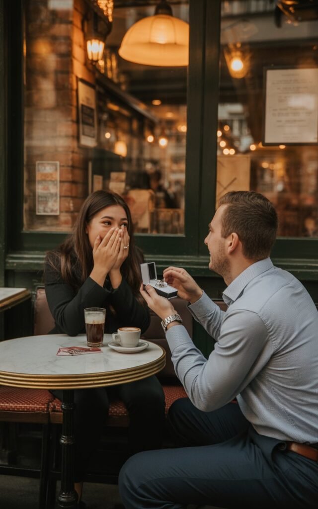 a couple recreating their first date at a cozy café