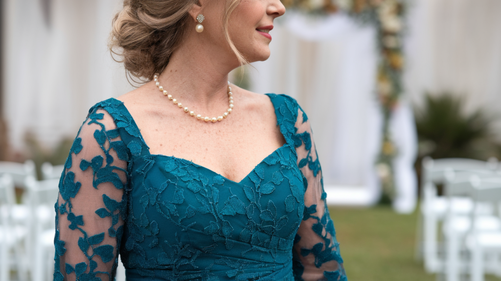 A side profile photo of the mother of the bride wearing a teal dress with a floral pattern. The dress has a sweetheart neckline and three-quarter sleeves. She is wearing pearl earrings and a necklace. Her hair is styled in a loose updo. The background is a blurred shot of a venue with white chairs and a white arch.