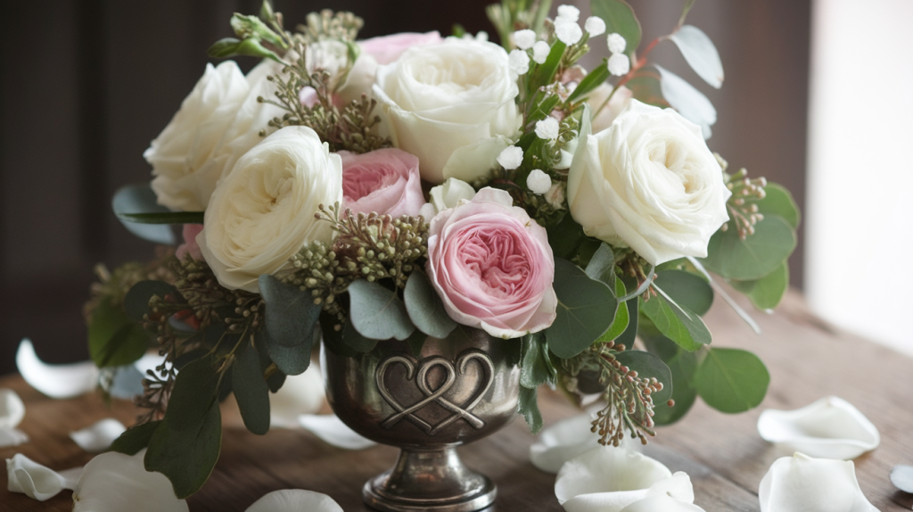 A soft natural light photo of a wedding floral centerpiece. There are white roses, pink roses, eucalyptus, and greenery. The roses are in full bloom, with petals scattered around the vase. The centerpiece is placed on a wooden surface. There is a vintage silver vase with a design of intertwined hearts.